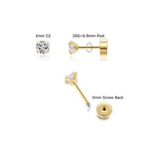 3mm CZ Screw on Flat Back Stud Earrings /Gold Flat Back Cubic Zirconia